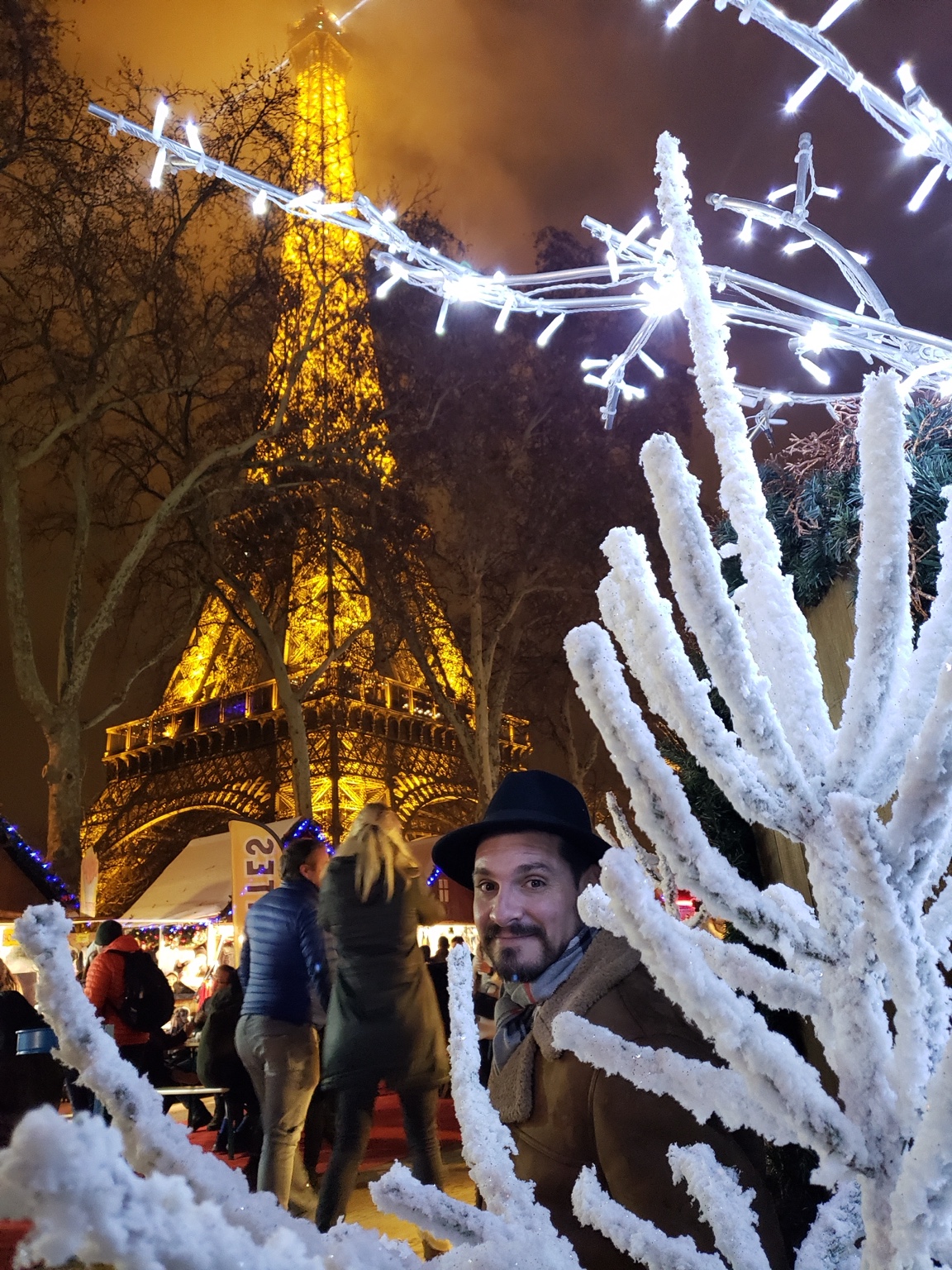 Retrato junto a las luces de invierno y la Torre Eiffel desde la Promenade du Quai Branly